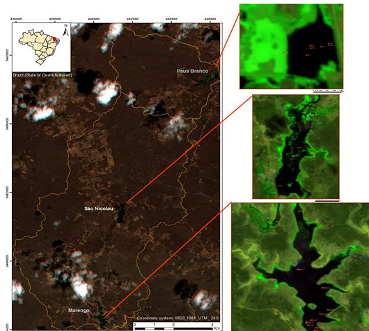 Imagens de satélite mostram a área de um açude monitorado e a presença de macrófitas e vegetação (Imagem: Christine Farias Coelho, a partir de dados obtidos pelo satélite RapidEye)