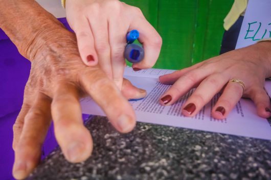 Close da mão de um morador rural sendo segurada pela mão de uma pesquisadora, que carimba suas digitais (Foto: Nucom)