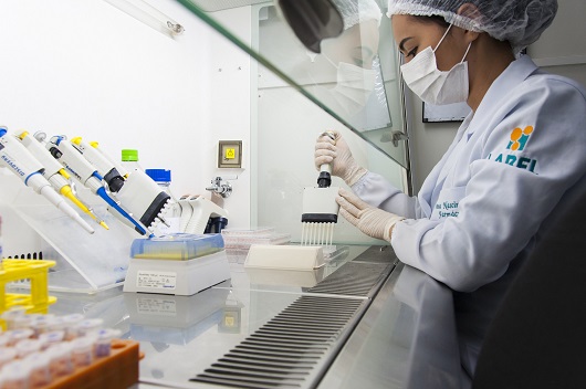 Pesquisadora em bancada de laboratório (Foto: Viktor Braga/UFC)
