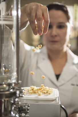 Profª Sueli despeja pedaços de fruta seca sobre uma vasilha posta em um equipamento de aluminíio (Foto: Jr. Panela/UFC)