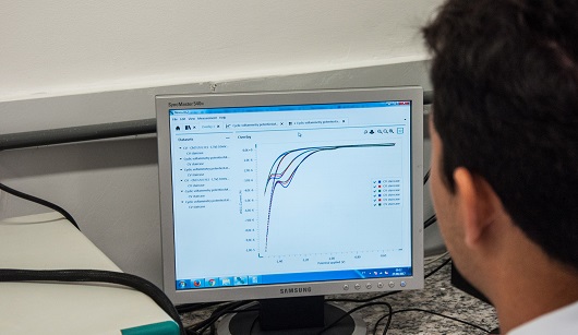 Pesquisador em frente a computador vê gráficos de linhas que sinalizam qual o tipo de contaminante presente em amostra líquida (Foto: Ribamar Neto/UFC))