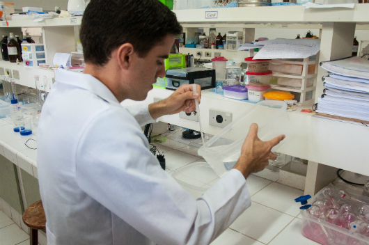 Pesquisador da Química trabalha com hidrogel em bancada no laboratório (Foto: Ribamar Neto/Agência UFC)