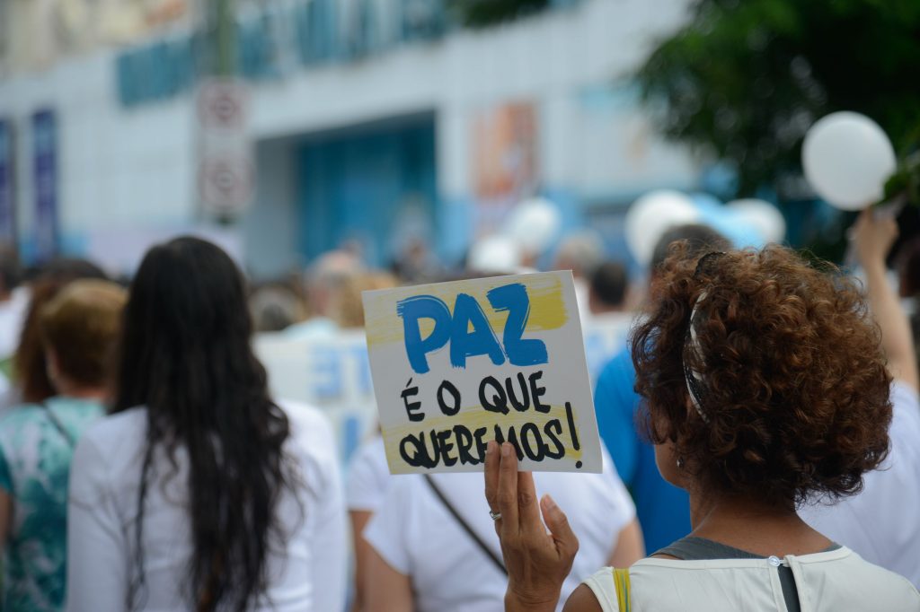 Mulher de costas, durante passeata de rua, segurando uma placa com a mensagem "paz é o que queremos" (Foto: Fernando Frazão/Agência Brasil)
