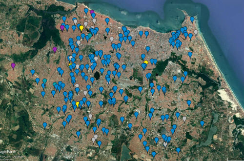 Mapa com pontos marcados, representando os lugares onde já houve solicitantes do projeto (Foto: Divulgação/ETECS)